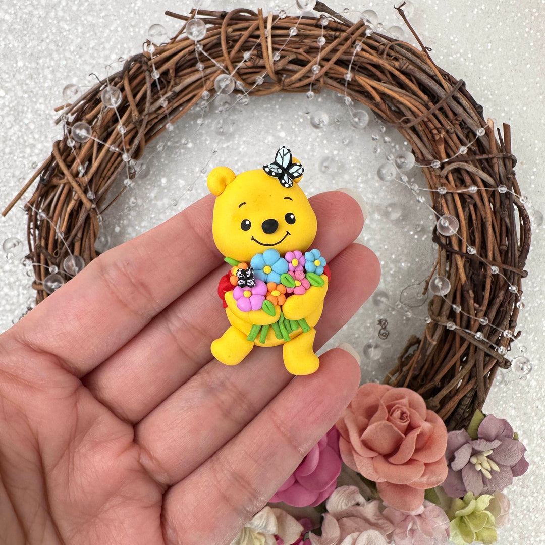 Cute Honey Bear With Flowers Handmade Flatback Clay Bow Centre
