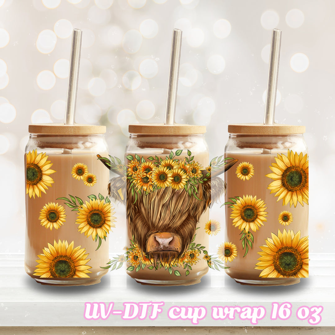 UV DTF - sunflower highland cow - 16oz Libbey Glass Cup Wrap Only
