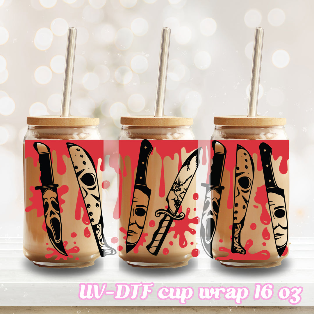 UV DTF - Killer Horror Halloween - 16oz Libbey Glass Cup Wrap Only