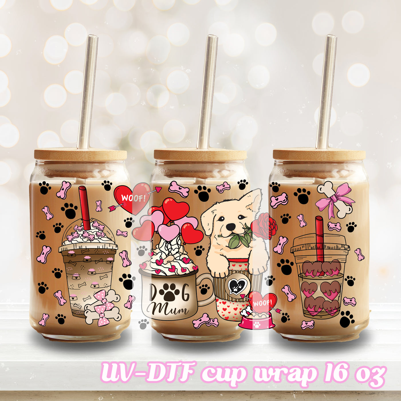 UV DTF - dog mum coffee - 16oz Libbey Glass Cup Wrap Only
