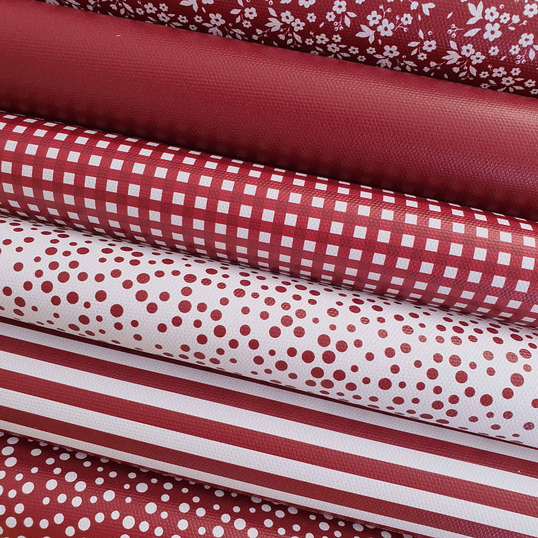 School maroon burgundy gingham solid stripe dots flower - faux Pu Leather vinyl - canvas - choose Fabric material Sheets