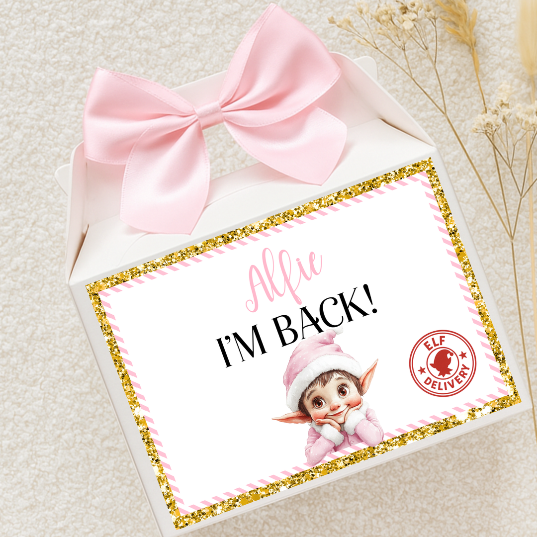 Label Sticker Party treat box - naught elf I'm back pink