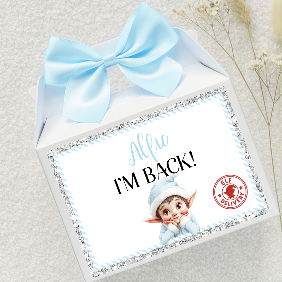 Label Sticker Party treat box - naught elf I'm back blue