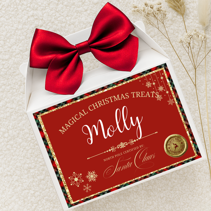 Label Sticker Party treat box - red tartan christmas treat