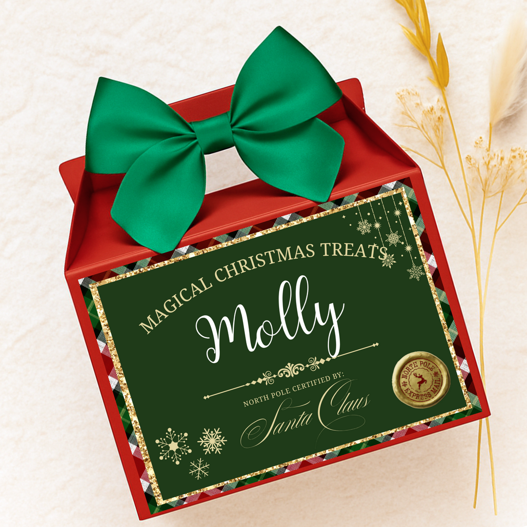 Label Sticker Party treat box - green tartan christmas treat