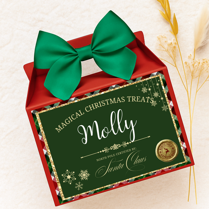 Label Sticker Party treat box - green tartan christmas treat
