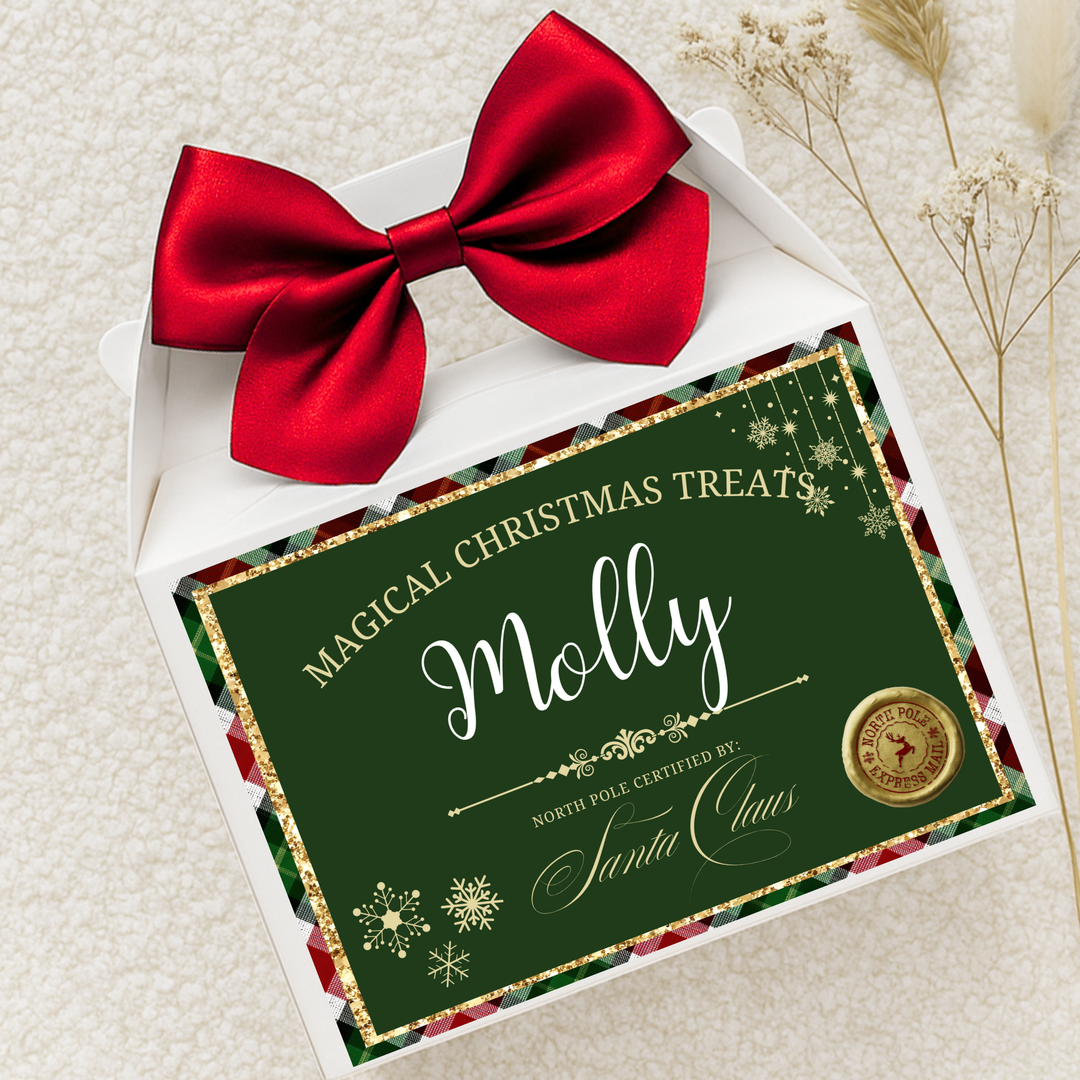 Label Sticker Party treat box - green tartan christmas treat