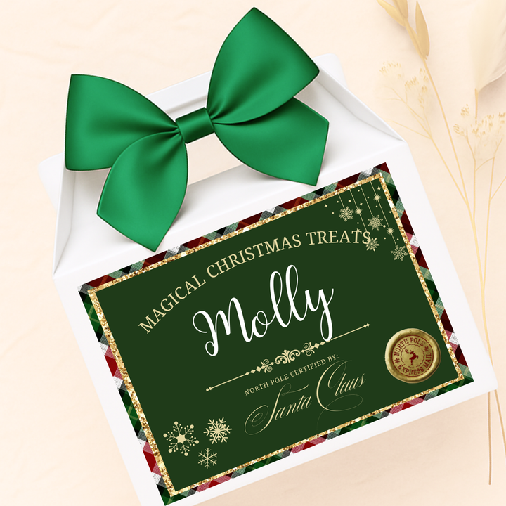 Label Sticker Party treat box - green tartan christmas treat