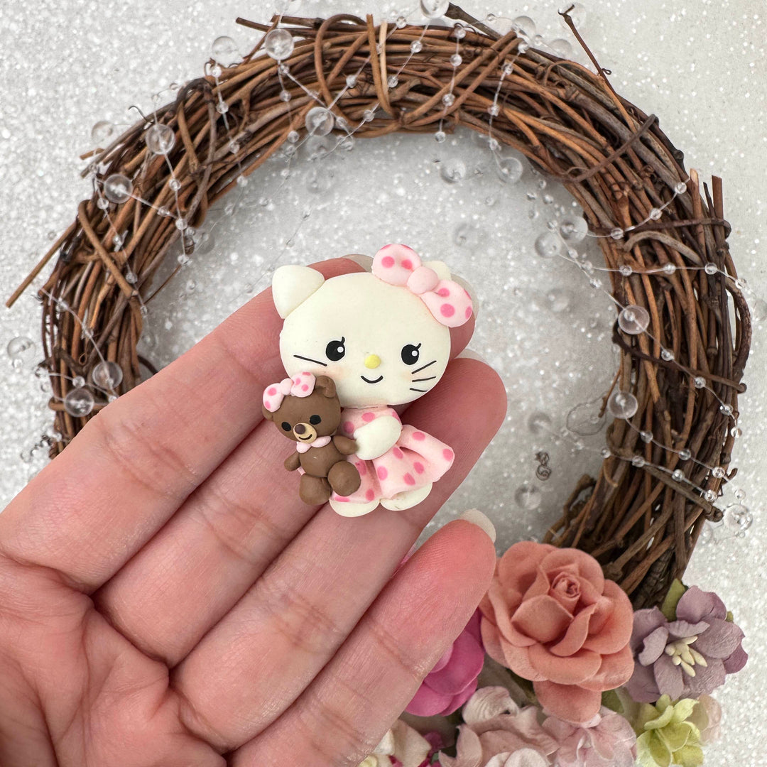 Cute Pink Kitty & Teddy Bear Embellishment Clay Bow Centre