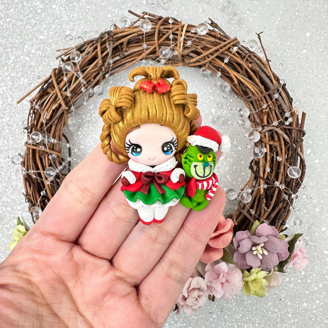 Festive Christmas girl and green monster - Handmade Flatback Clay Bow Centre