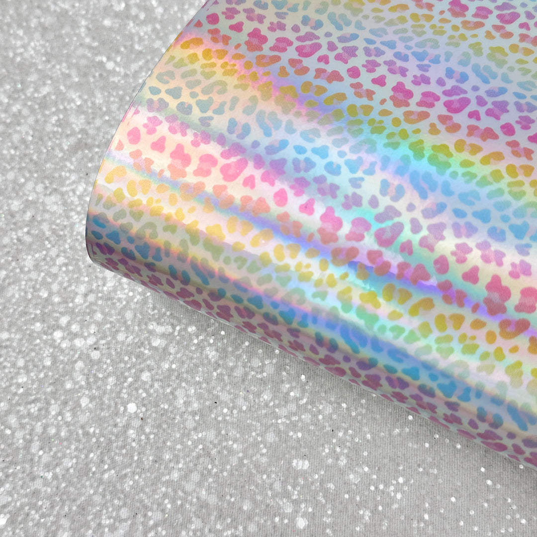 Leopard spots rainbow Holographic - faux Leatherette vinyl