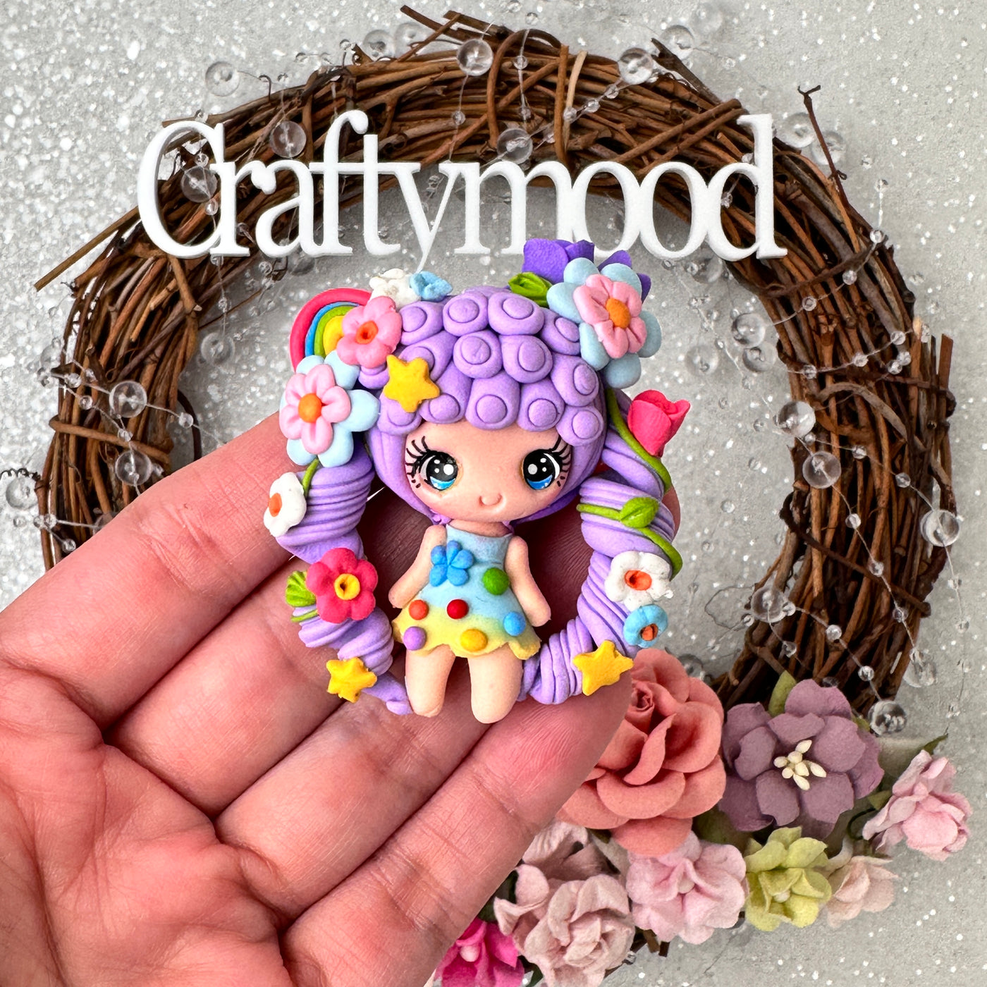 Purple hair flower fairy weather girl - Embellishment Clay Bow Centre