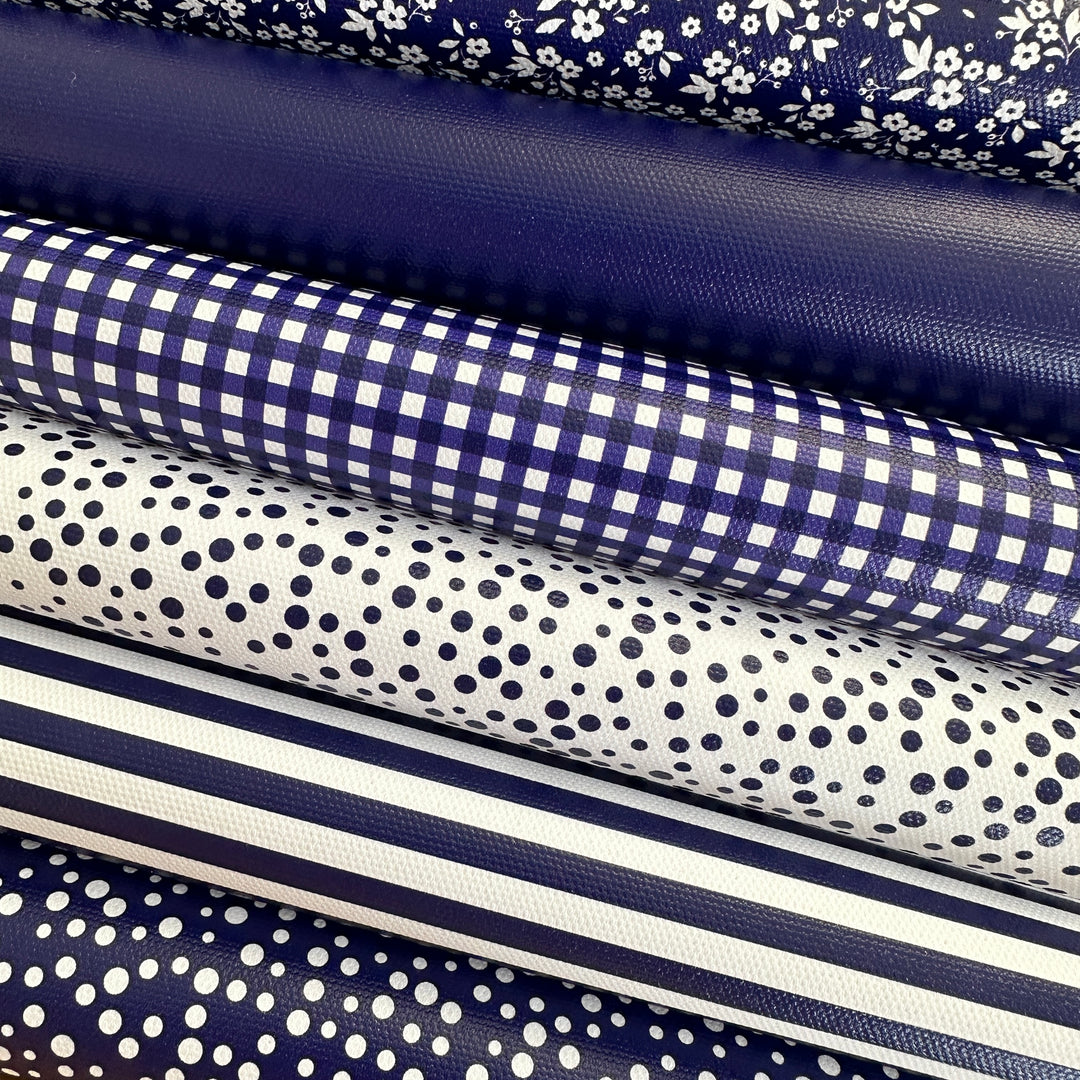 School navy gingham solid stripe dots flower - faux Pu Leather vinyl - canvas - choose Fabric material Sheets