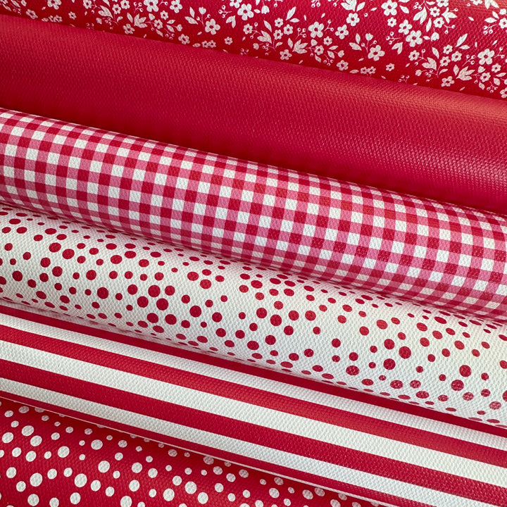 School red gingham solid stripe dots flower - faux Pu Leather vinyl - canvas - choose Fabric material Sheets
