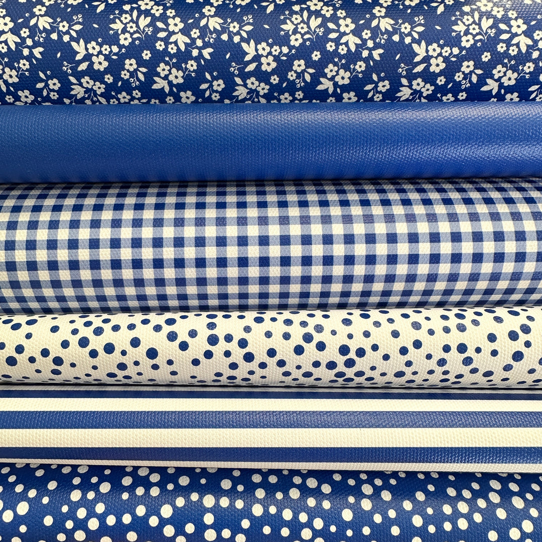 School royal blue gingham solid stripe dots flower - faux Pu Leather vinyl - canvas - choose Fabric material Sheets