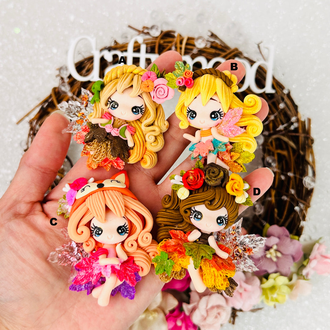 Autumn leaves wood fairy - Handmade Flatback Clay Bow Centre