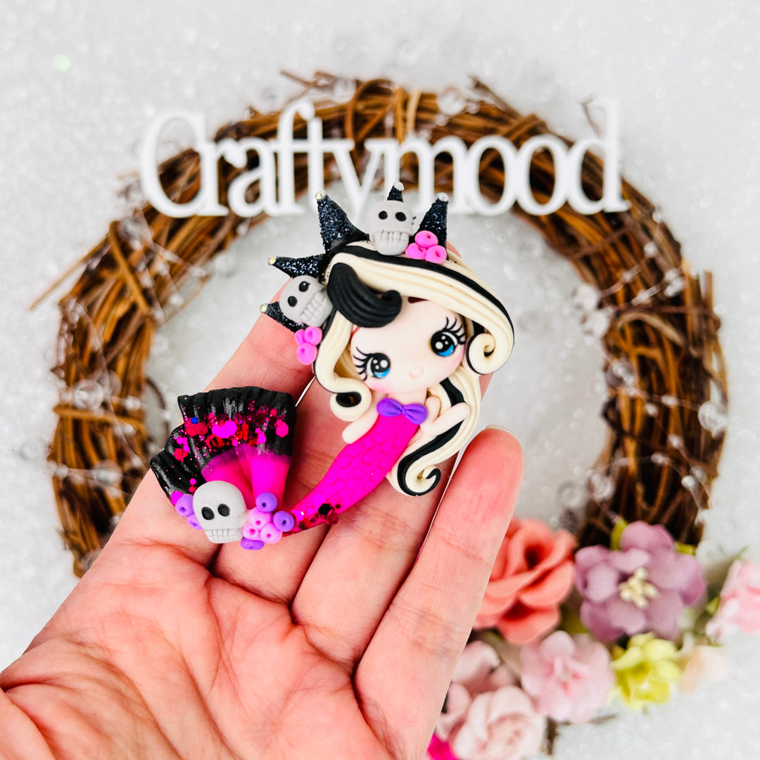 Black crown boo Halloween pink mermaid - Handmade Flatback Clay Bow Centre