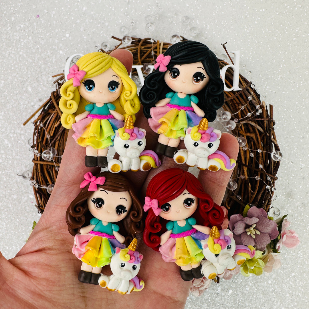 Adorable rainbow dress girl with unicorn - Handmade Flatback Clay Bow Centre