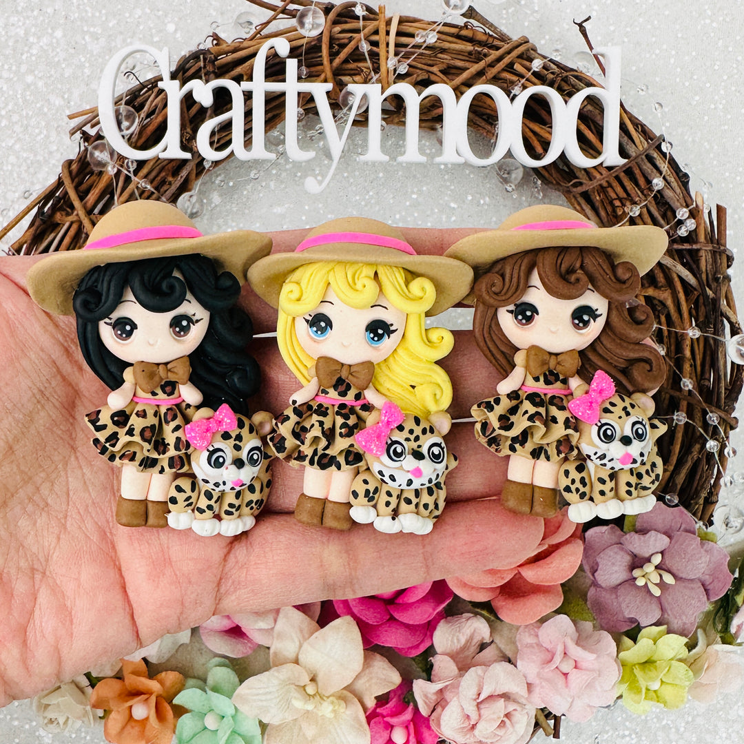 Leopard pattern dress girl with hat - Handmade Flatback Clay Bow Centre