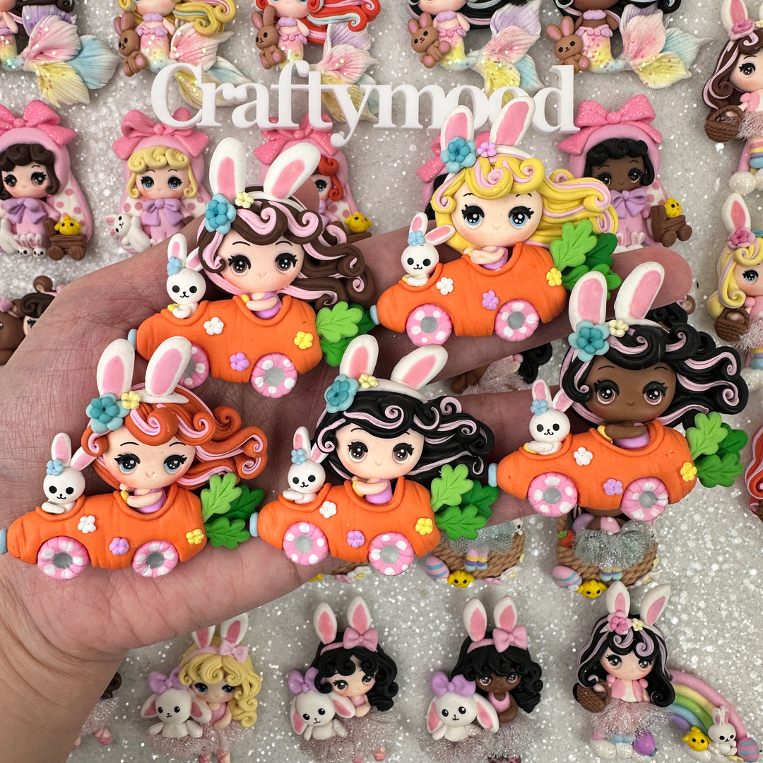 Carrot car bunny ear girl - Handmade Flatback Clay Bow Centre
