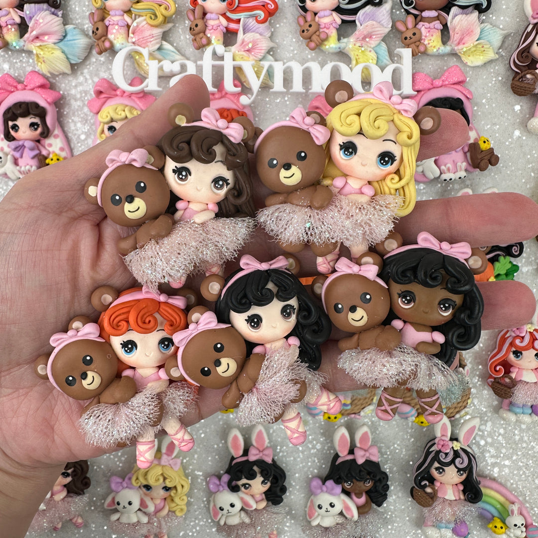 Tutu dress girl with brown bear - Handmade Flatback Clay Bow Centre