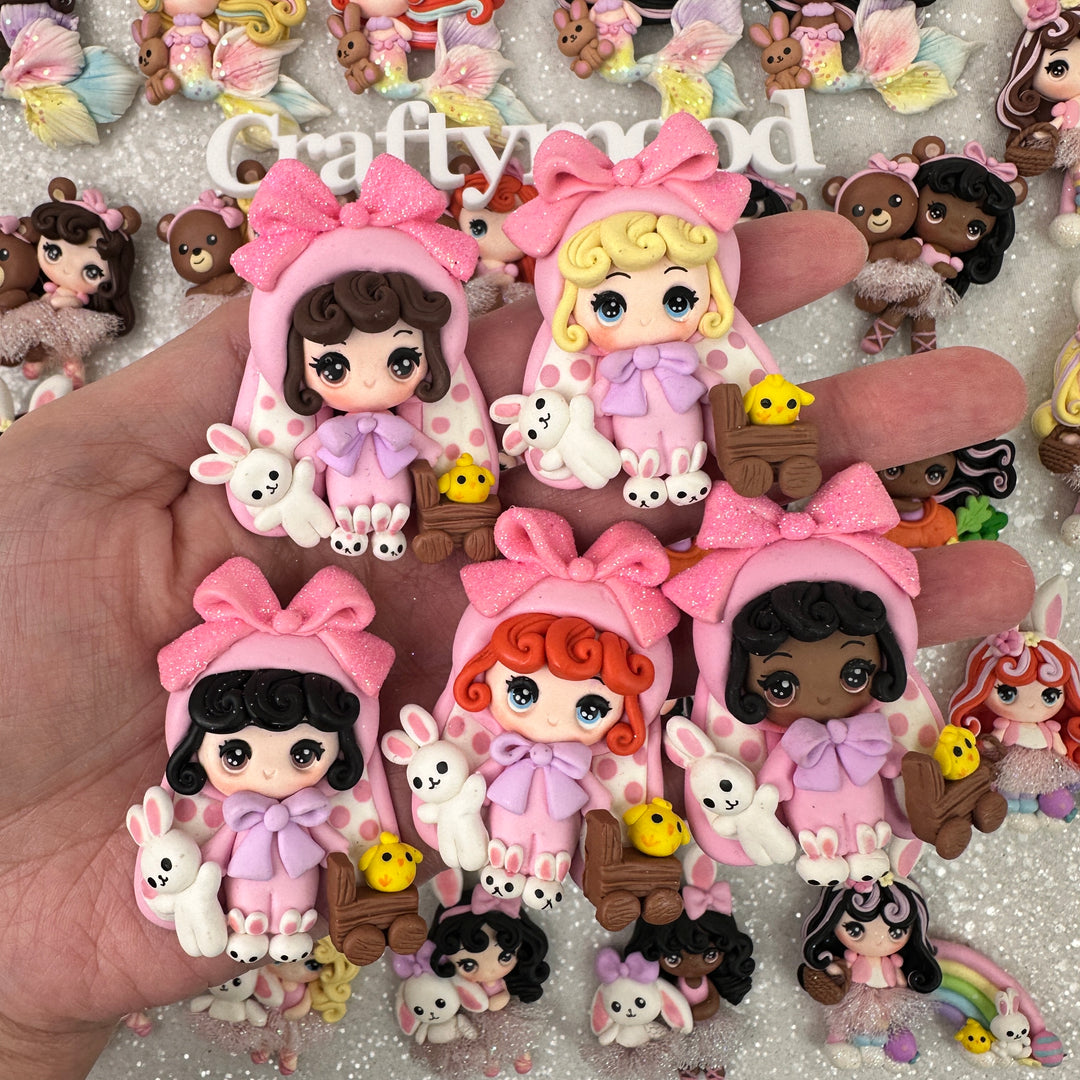 Pink big bow girl with bunny - Embellishment Clay Bow Centre