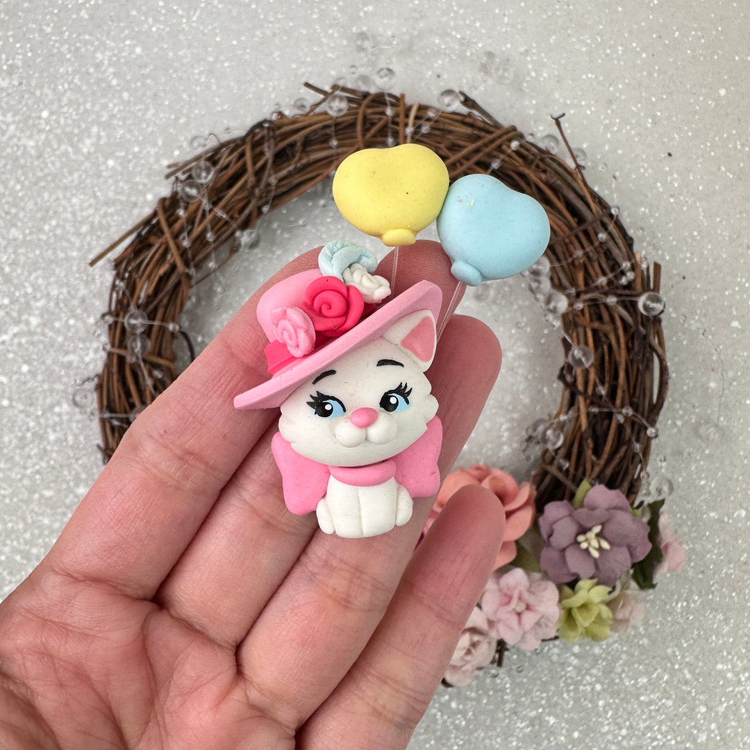 White cat and balloons - Embellishment Clay Bow Centre