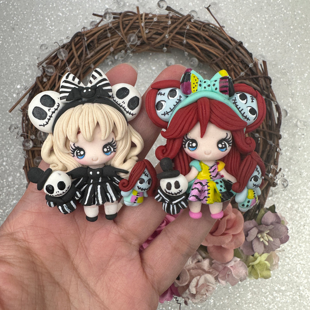 Halloween spooky skull girl - Handmade Flatback Clay Bow Centre