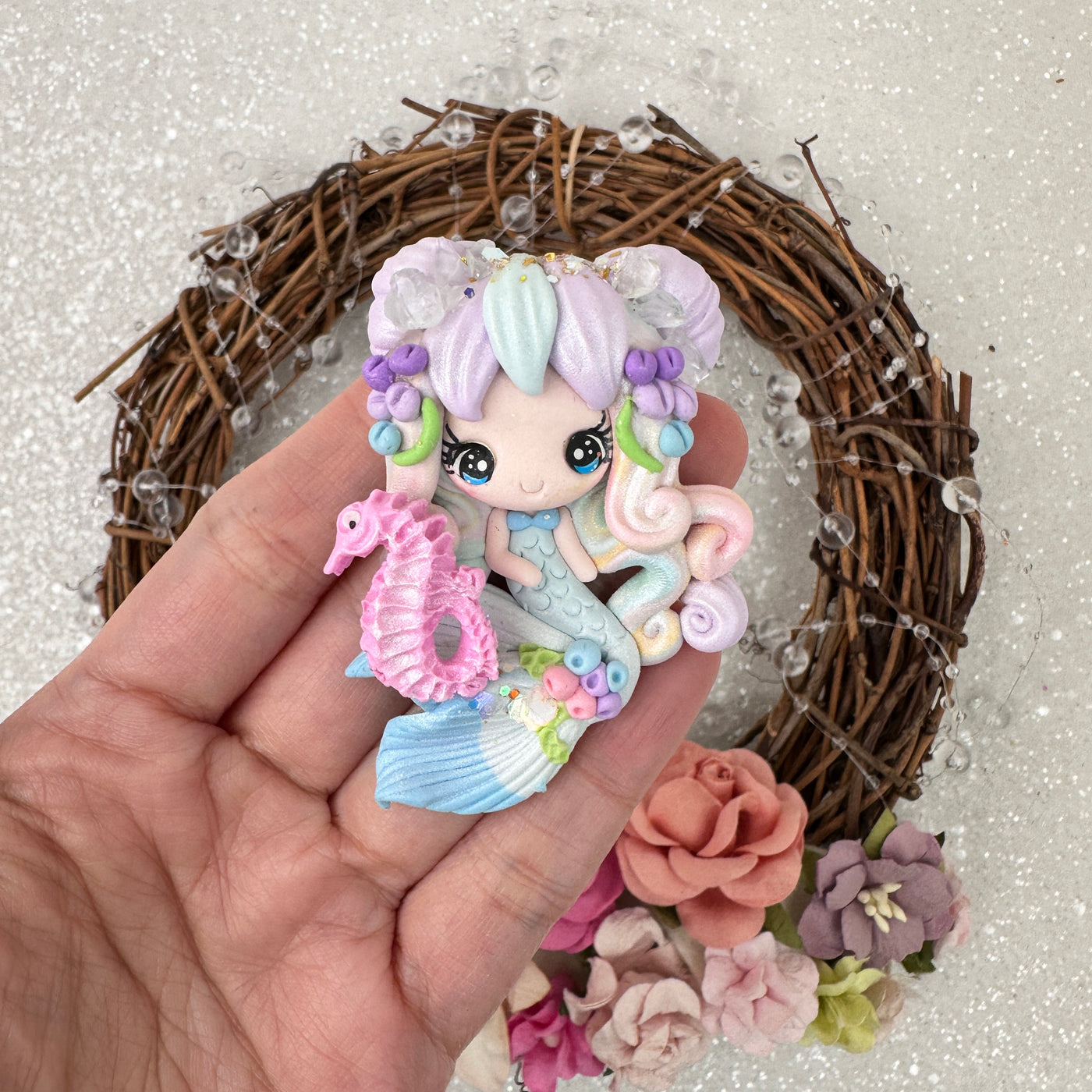 Cute mermaid with pink seahorse - Embellishment Clay Bow Centre