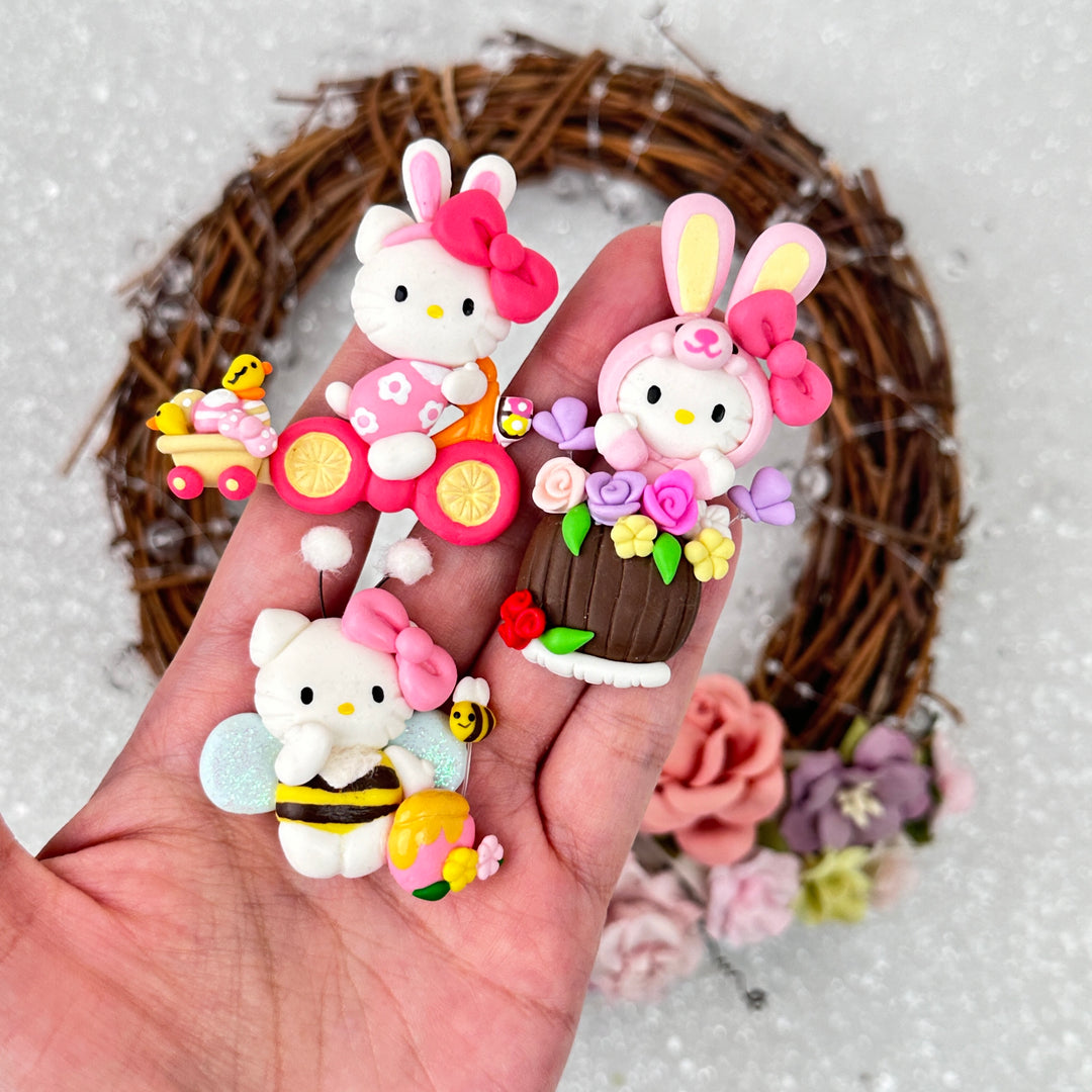 White cat with bunny ears - Handmade Flatback Clay Bow Centre