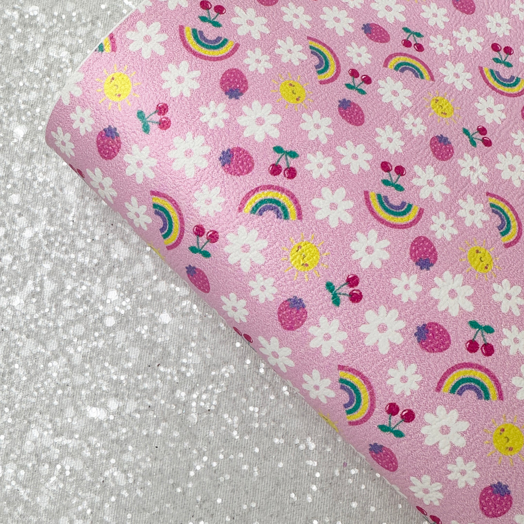 Rainbow sun strawberry - faux vegan Leather vinyl - canvas - choose Fabric material Sheets