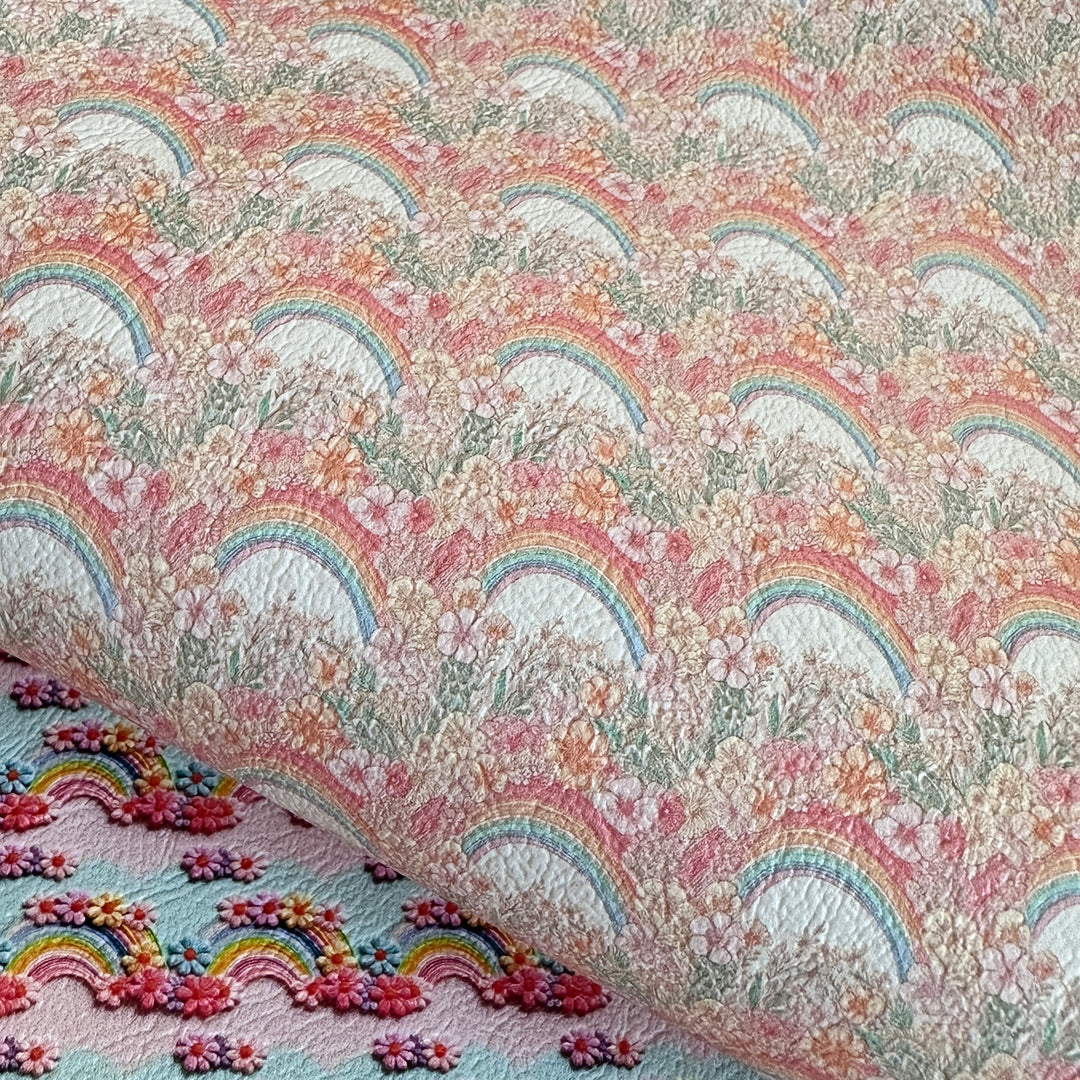 Rainbow floral flower muted - faux vegan Leather vinyl - canvas - choose Fabric material Sheets
