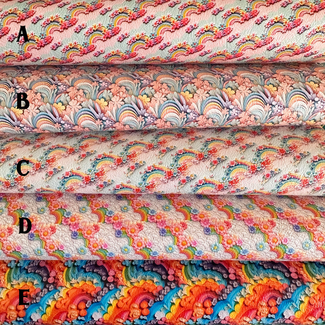 3D effect rainbow cloud - faux vegan Leather vinyl - canvas - choose Fabric material Sheets