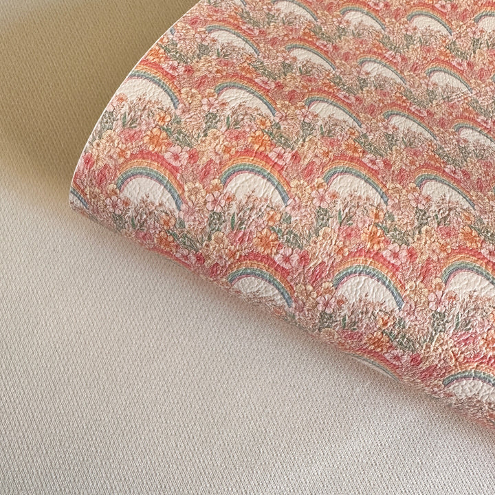 Rainbow floral flower muted - faux vegan Leather vinyl - canvas - choose Fabric material Sheets
