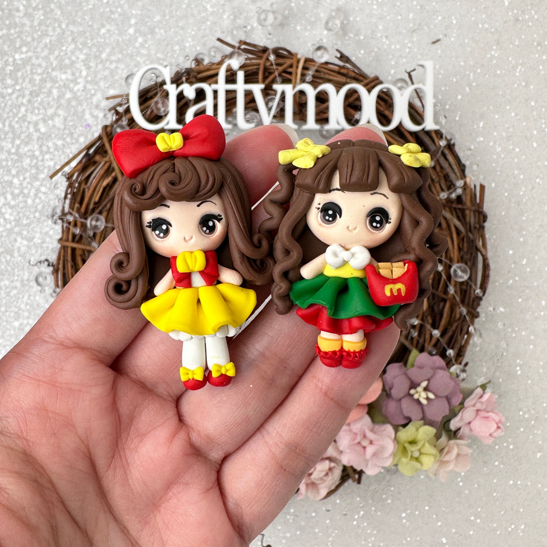 French Fries Chip girl - Handmade Flatback Clay Bow Centre