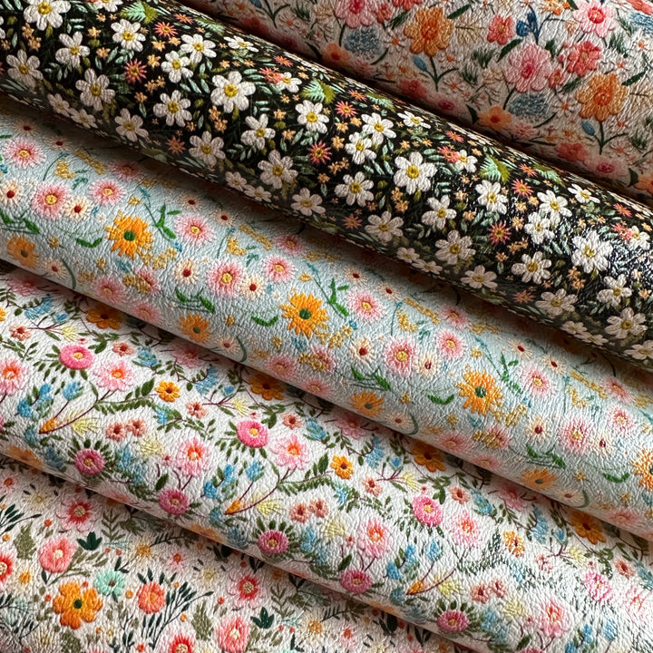 Embroidery floral looks - faux vegan Leather vinyl - canvas - choose Fabric material Sheets