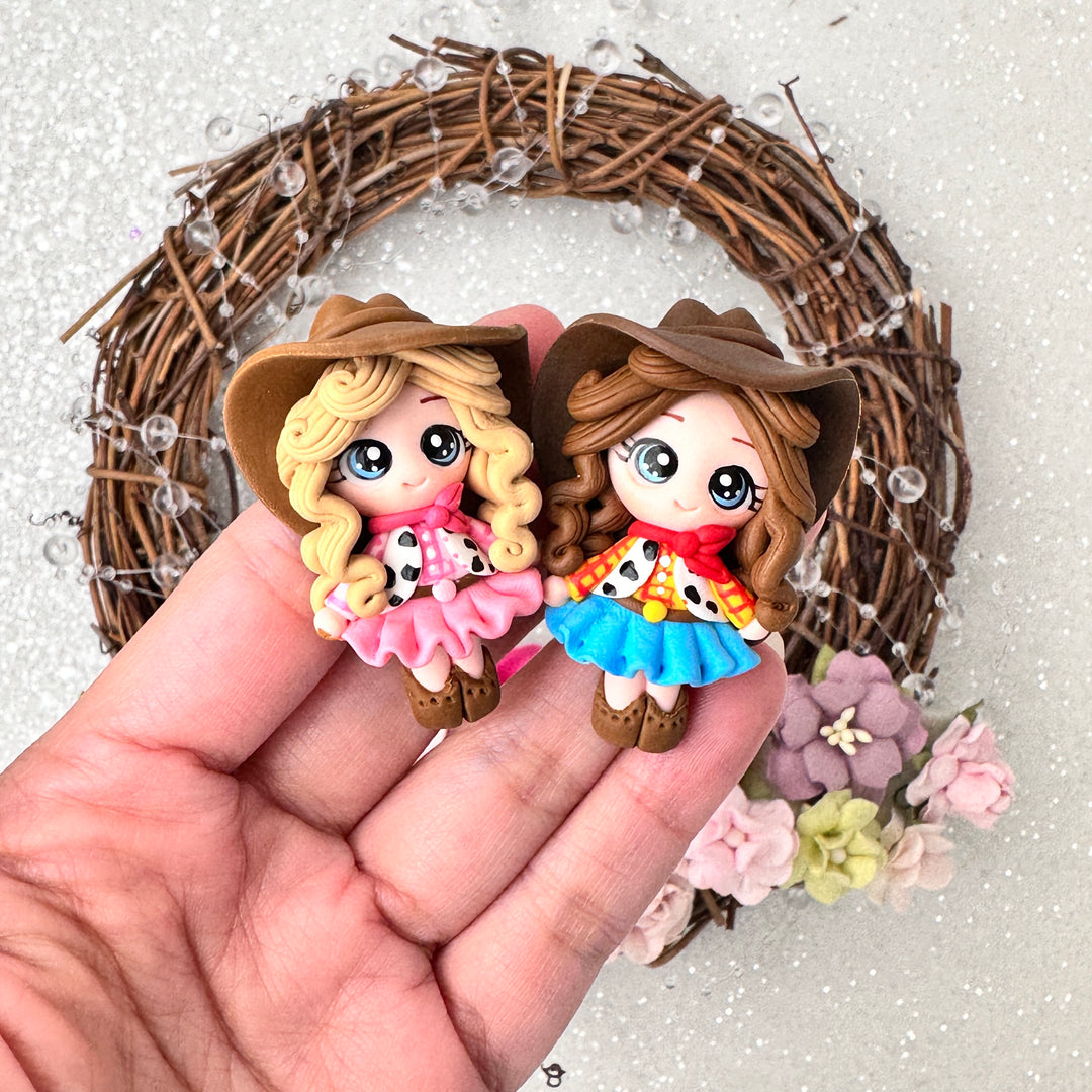 Pink and blue Cowboy girl - Embellishment Clay Bow Centre
