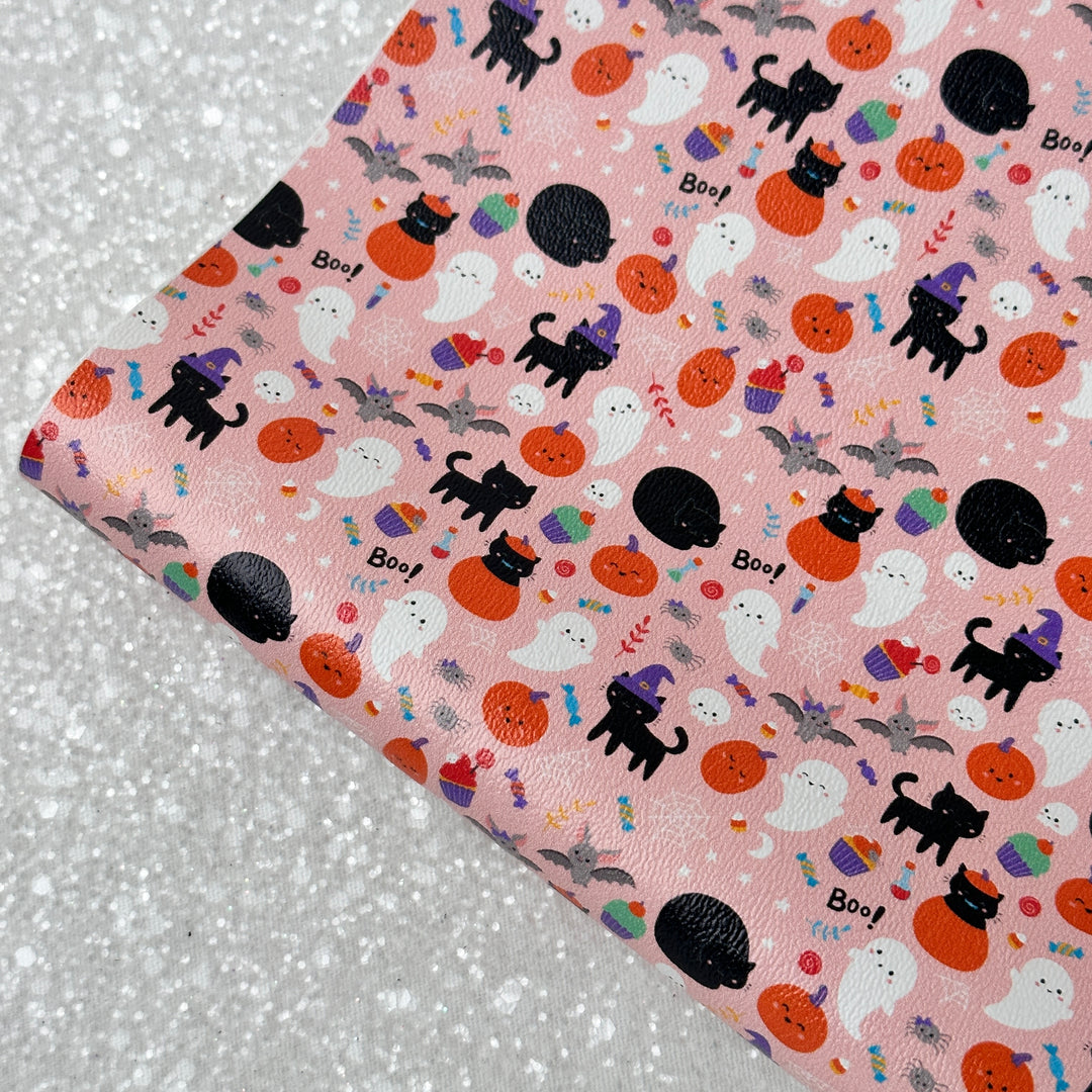 Halloween ghost pumpkin cat - faux Pu Leather vinyl - canvas - choose Fabric material Sheets