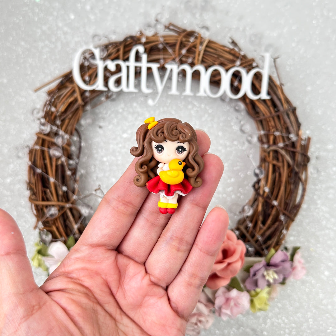 Red skirt brunette hair girl - Handmade Flatback Clay Bow Centre