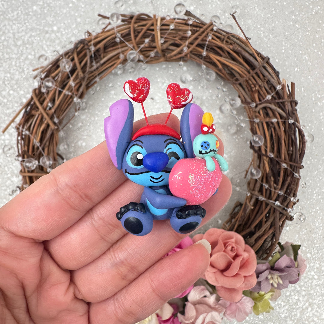 Valentine love blue monster - Handmade Flatback Clay Bow Centre