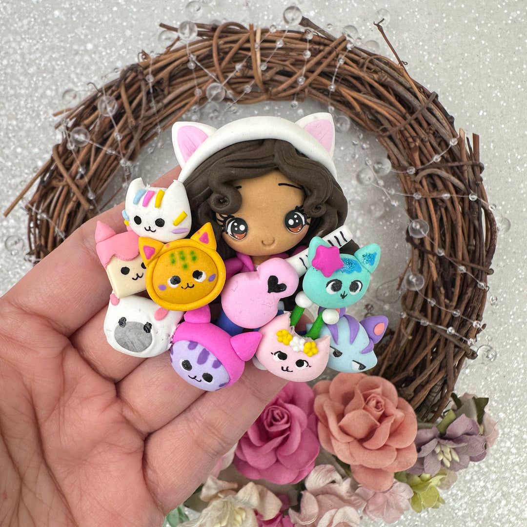 Guitar girl and cats - Handmade Flatback Clay Bow Centre