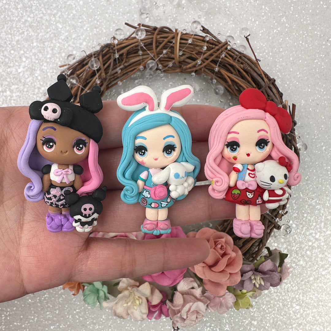 Cool girl with plushie - Handmade Flatback Clay Bow Centre