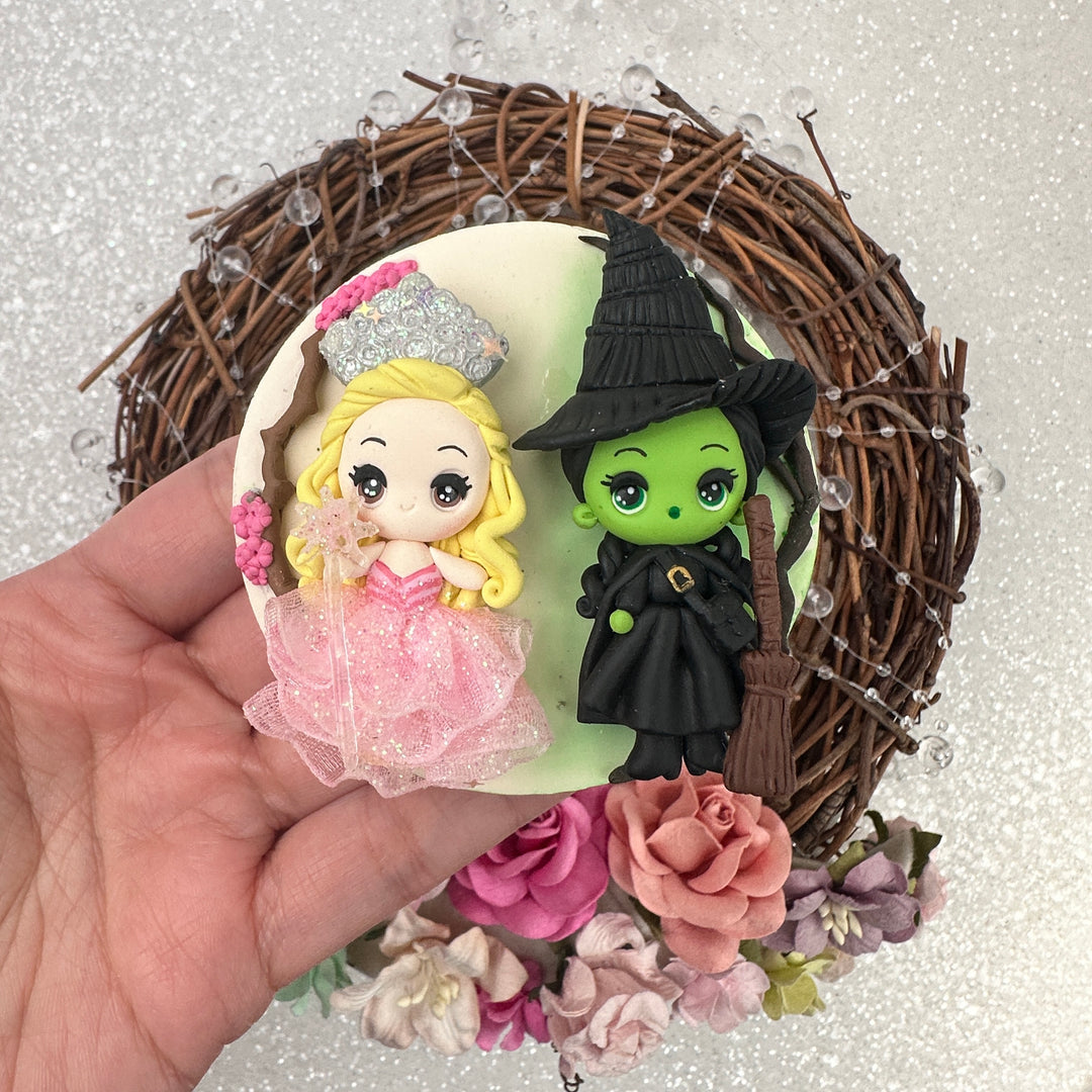 Pink and green witch cameo - Embellishment Clay Bow Centre