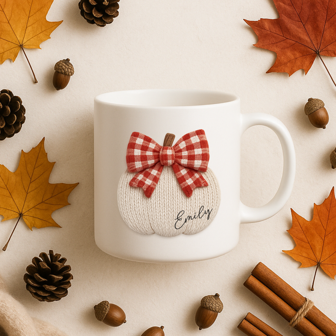 UV DTF - personalised pumpkin with red plaid bow