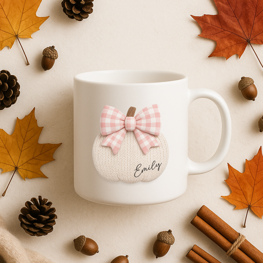 UV DTF - personalised pumpkin with pink plaid bow
