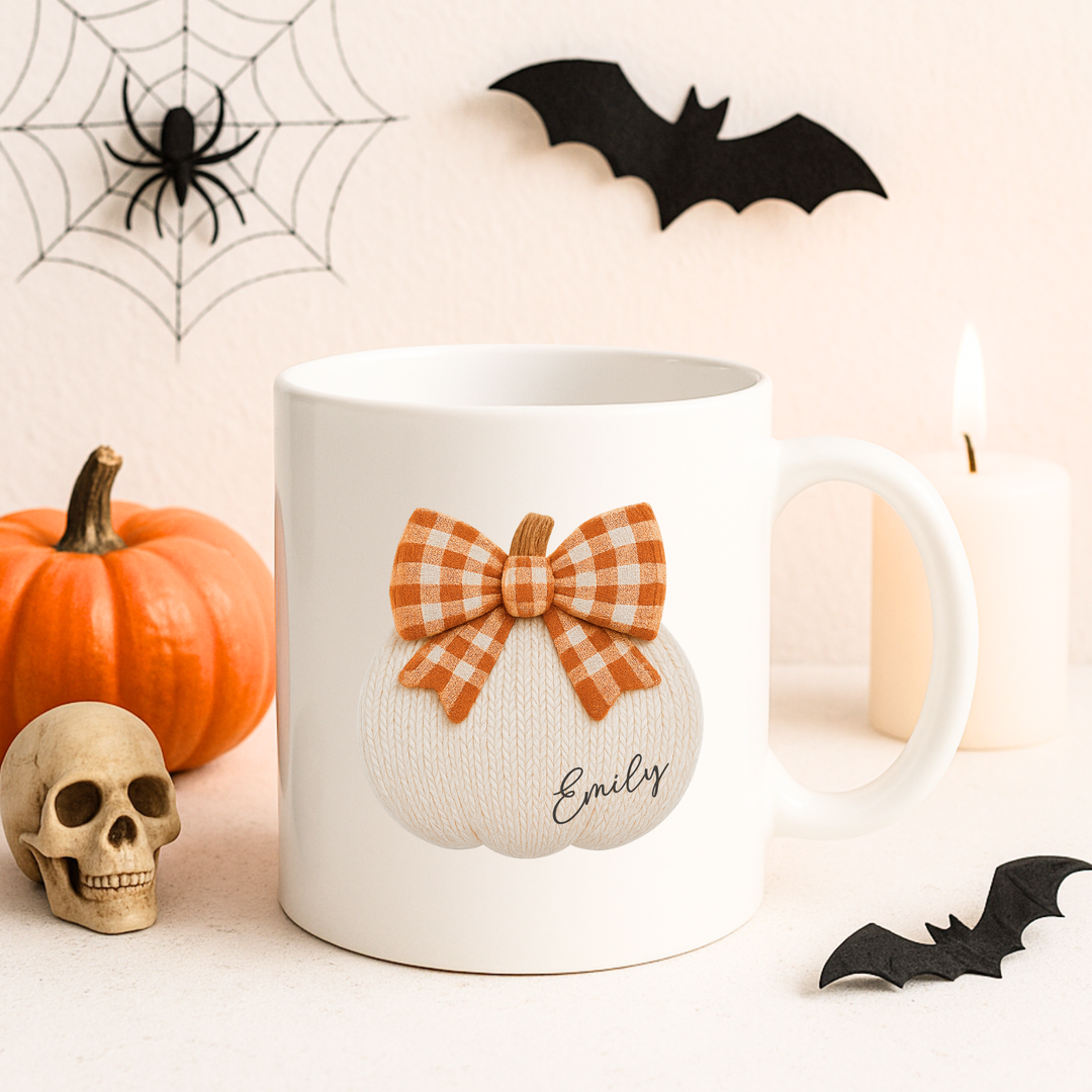 UV DTF - personalised pumpkin with orange plaid bow