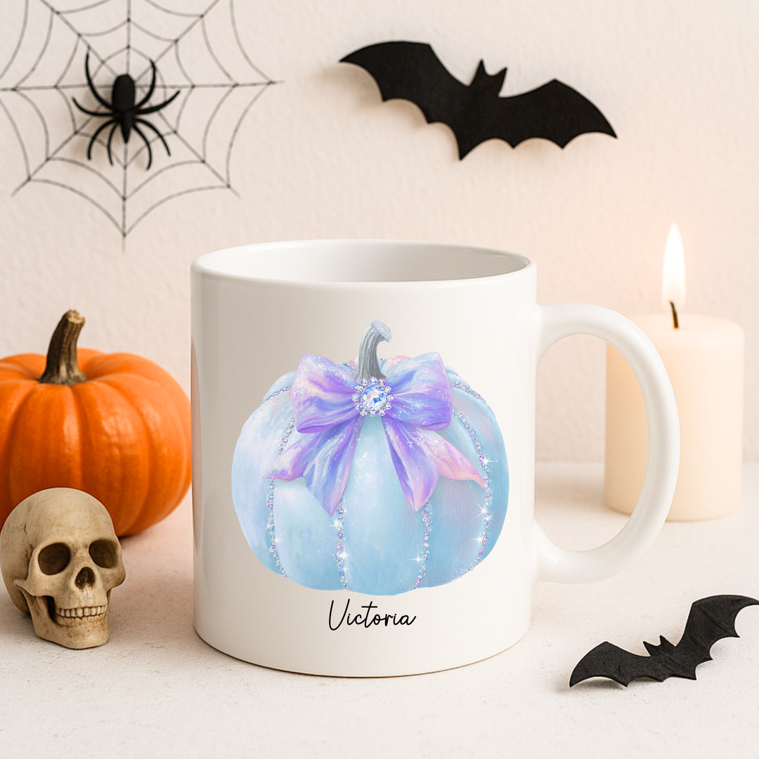 UV DTF - personalised sparkling blue pumpkin with blue bow