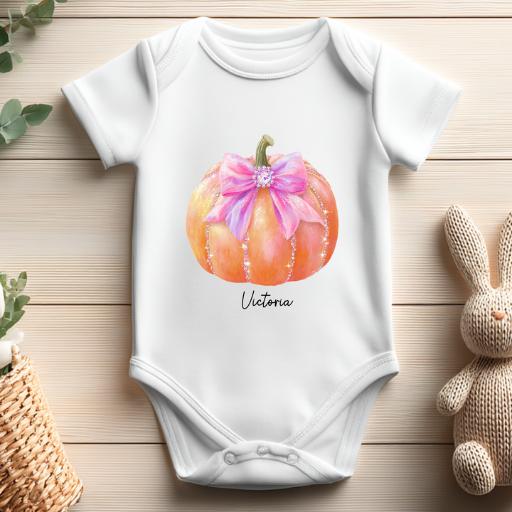 Custom DTF Transfer - Sparkling orange pumpkin pink bow personalised - DTF ready to press