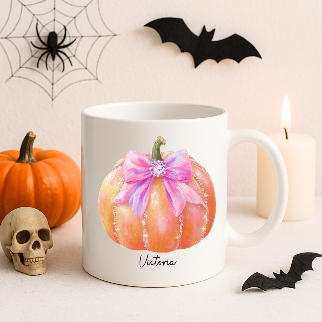 UV DTF - personalised sparkling orange pumpkin with pink bow
