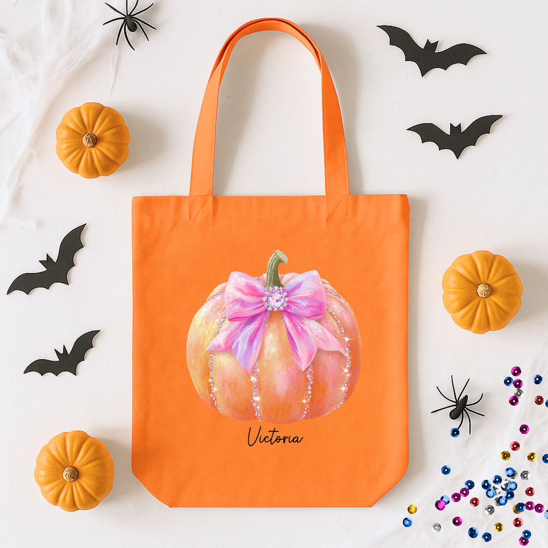 Custom DTF Transfer - Sparkling orange pumpkin pink bow personalised - DTF ready to press